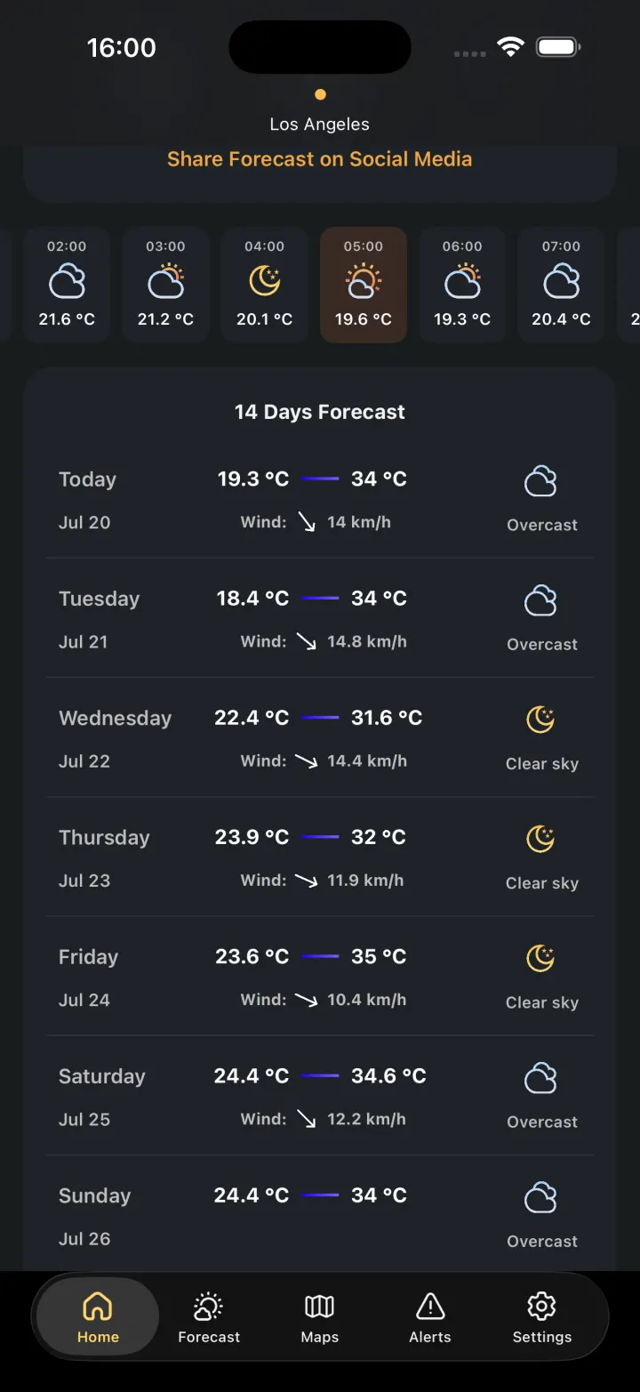 The multi-day forecast screen in Meteo Wave